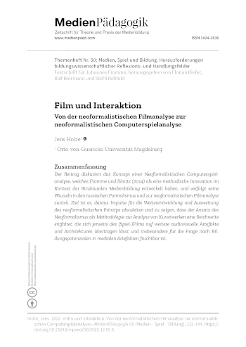 Cover:: Jens Holze: Movies and Interaction: The Path from Neoformalist Film Analysis to Neoformalist Computer Game Analysis