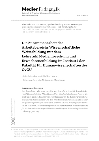 Cover:: Heike Schröder, Olaf Freymark: The Cooperation of the Department of Academic Continuing Education and the Chair of Media Research and Adult Education in Institute I of the Faculty of Human Sciences at the OvGU