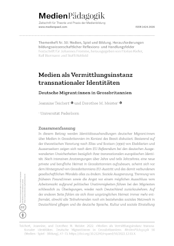 Cover:: Jeannine Teichert, Dorothee M. Meister: Media as a Mediating Instance of Transnational Identities: German Migrants in the United Kingdom