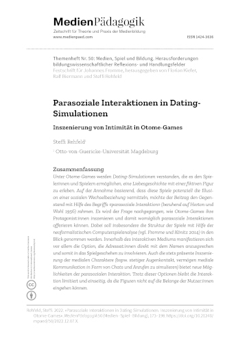 Cover:: Steffi Rehfeld: Parasocial Interactions in Dating-Simulations: Staging of Intimacy in Otome-Games