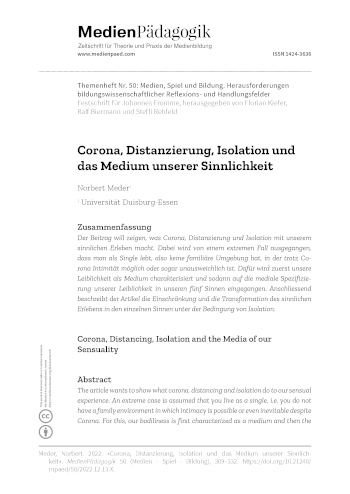 Cover:: Norbert Meder: Corona, Distancing, Isolation and the Media of our Sensuality