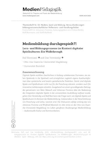 Cover:: Ralf Biermann, Dan Verständig: Media Education Mastered?! Learning and Educational Processes in the Context of Digital Gaming Cultures: A Walkthrough