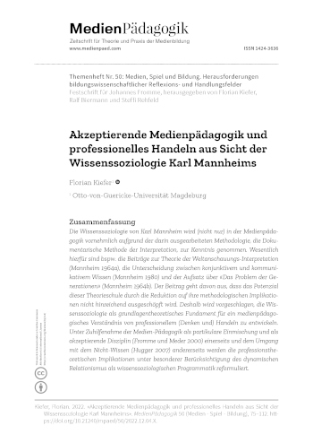 Cover:: Florian Kiefer: Akzeptierende Medienpädagogik und professionelles Handeln aus Sicht der Wissenssoziologie Karl Mannheims