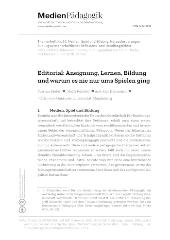 Cover:: Florian Kiefer, Steffi Rehfeld, Ralf Biermann: Editorial: Appropriation, Learning, "Bildung" and why it was never just about gaming?