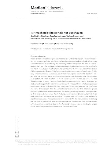 Cover:: Stephan Bach, Mike Altieri, Lena Vilsmeier: ‹Participating is Better than Just Watching›: Qualitative Study at Vocational Schools on the Perception and Motivational Effect of an Interactive Mathematics Instructional Video