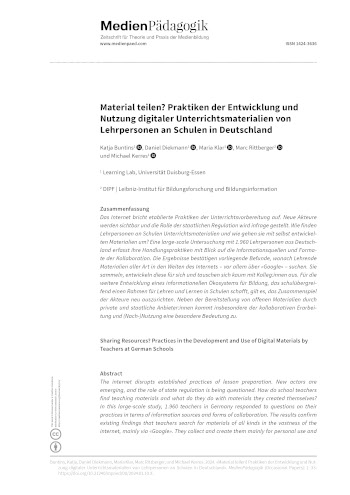 Cover:: Katja Buntins, Daniel Diekmann, Maria Klar, Marc Rittberger, Michael Kerres: Sharing Resources? Practices in the Development and Use of Digital Materials by Teachers at German Schools