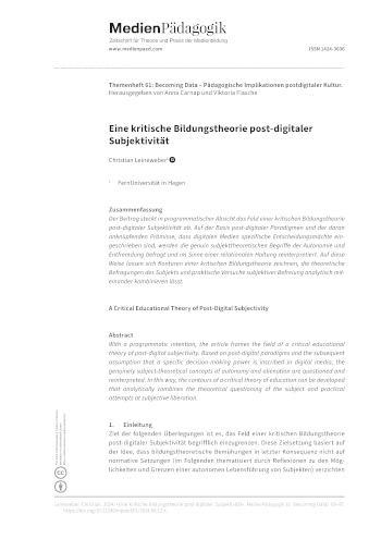 Cover:: Christian Leineweber: Eine kritische Bildungstheorie post-digitaler Subjektivität