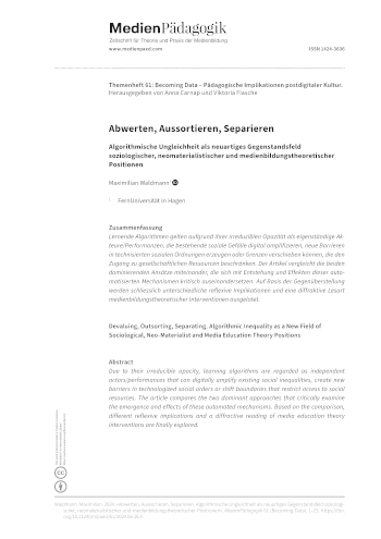 Cover:: Maximilian Waldmann: Abwerten, Aussortieren, Separieren: Algorithmische Ungleichheit als neuartiges Gegenstandsfeld soziologischer, neomaterialistischer und medienbildungstheoretischer Positionen