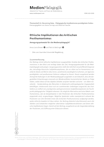 Cover:: Anna-Lena Brown, Patrick Bettinger: Ethische Implikationen des kritischen Posthumanismus: Anregungspotenzial für die Medienpädagogik?