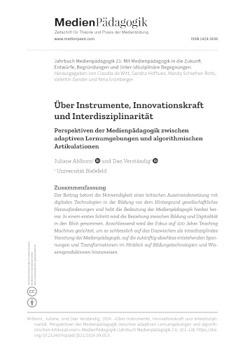 Cover:: Juliane Ahlborn, Dan Verständig: Über Instrumente, Innovationskraft und Interdisziplinarität: Perspektiven der Medienpädagogik zwischen adaptiven Lernumgebungen und algorithmischen Artikulationen