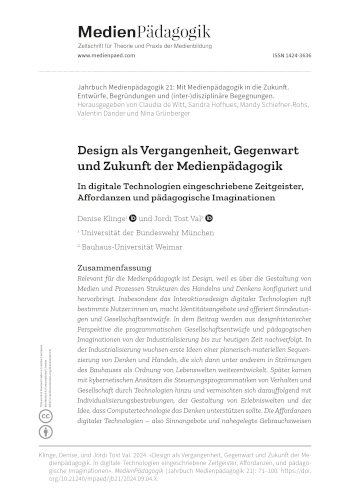 Cover:: Denise Klinge, Jordi Tost: Design als Vergangenheit, Gegenwart und Zukunft der Medienpädagogik: In digitale Technologien eingeschriebene Zeitgeister, Affordanzen und pädagogische Imaginationen