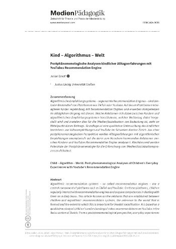 Cover:: Julian Ernst: Kind – Algorithmus – Welt: Postphänomenologische Analysen kindlicher Alltagserfahrungen mit YouTubes Recommendation Engine