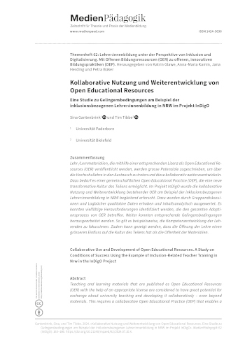Cover:: Sina Gantenbrink, Tim Tibbe: Collaborative Use and Development of Open Educational Resources: A Study on Conditions of Success Using the Example of Inclusion-Related Teacher Training in Nrw in the InDigO Project