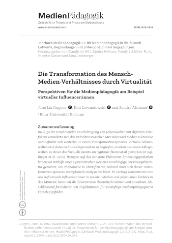 Cover:: Jane Lia Jürgens, Kira Lewandowski, Sandra Aßmann: The Transformation of the Human-Media Relationship through Virtuality: Perspectives for Media Education Using the Example of Virtual Influencers