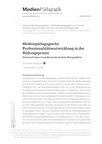 Cover:: Franziska Bellinger: Medienpädagogische Professionalitätsentwicklung in der Bildungspraxis: Entwurf einer transformatorischen Perspektive