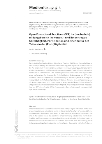 Cover:: Kerstin Mayrberger: Open Educational Practices (OEP) im (Hochschul-)Bildungsbereich im Wandel – und ihr Beitrag zu Gerechtigkeit, Partizipation und einer Kultur des Teilens in der (Post-)Digitalität