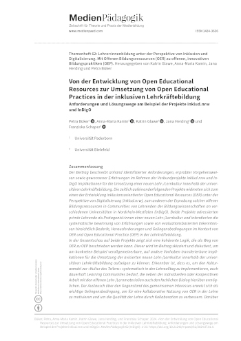 Cover:: Petra Büker, Anna-Maria Kamin, Katrin Glawe, Jana Herding, Franziska Schaper: From the Development of Open Educational Resources to the Implementation of Open Educational Practices in Inclusive Teacher Training: Requirements and Solutions Using the Example of the inklud.nrw and InDigO Projects